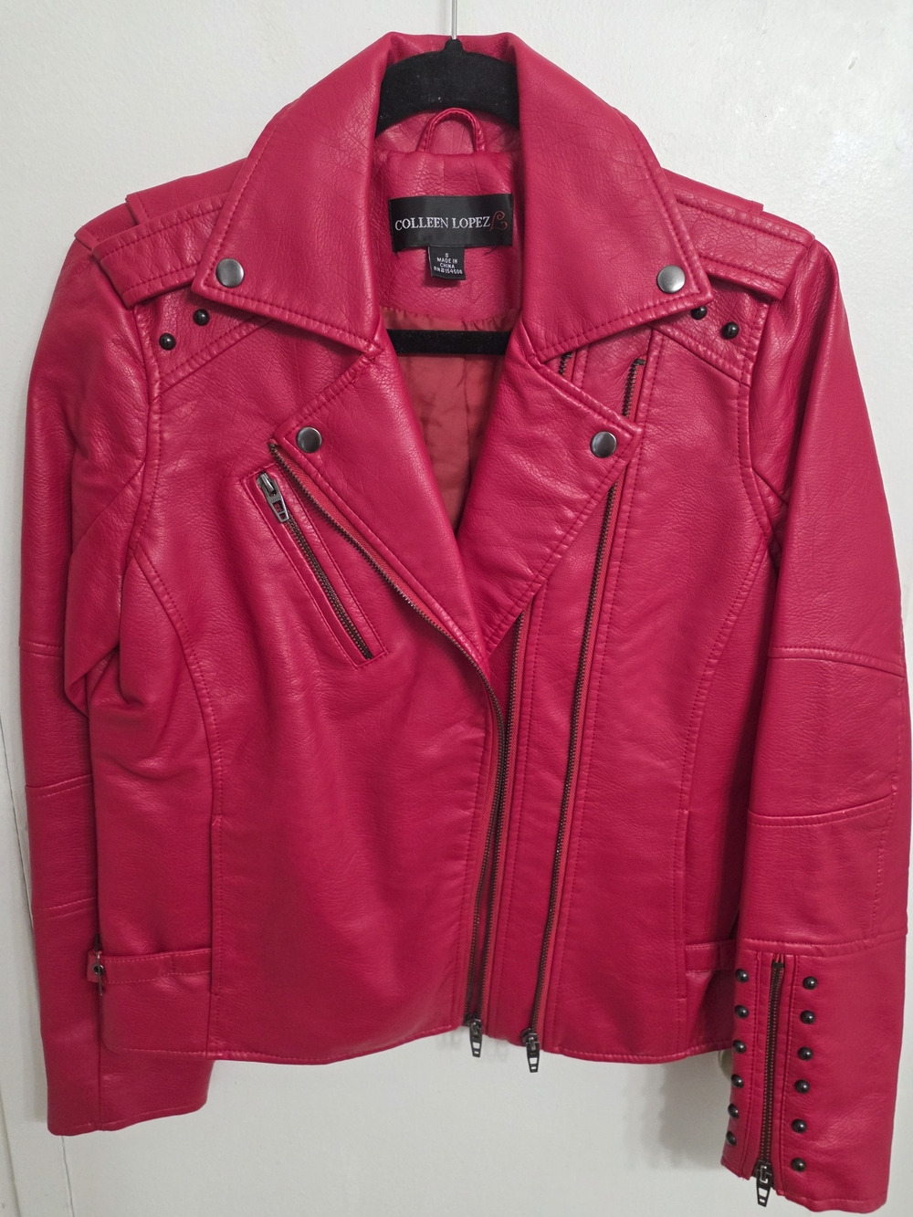 Colleen Lopez Bright Red Faux Leather Moto Jacket